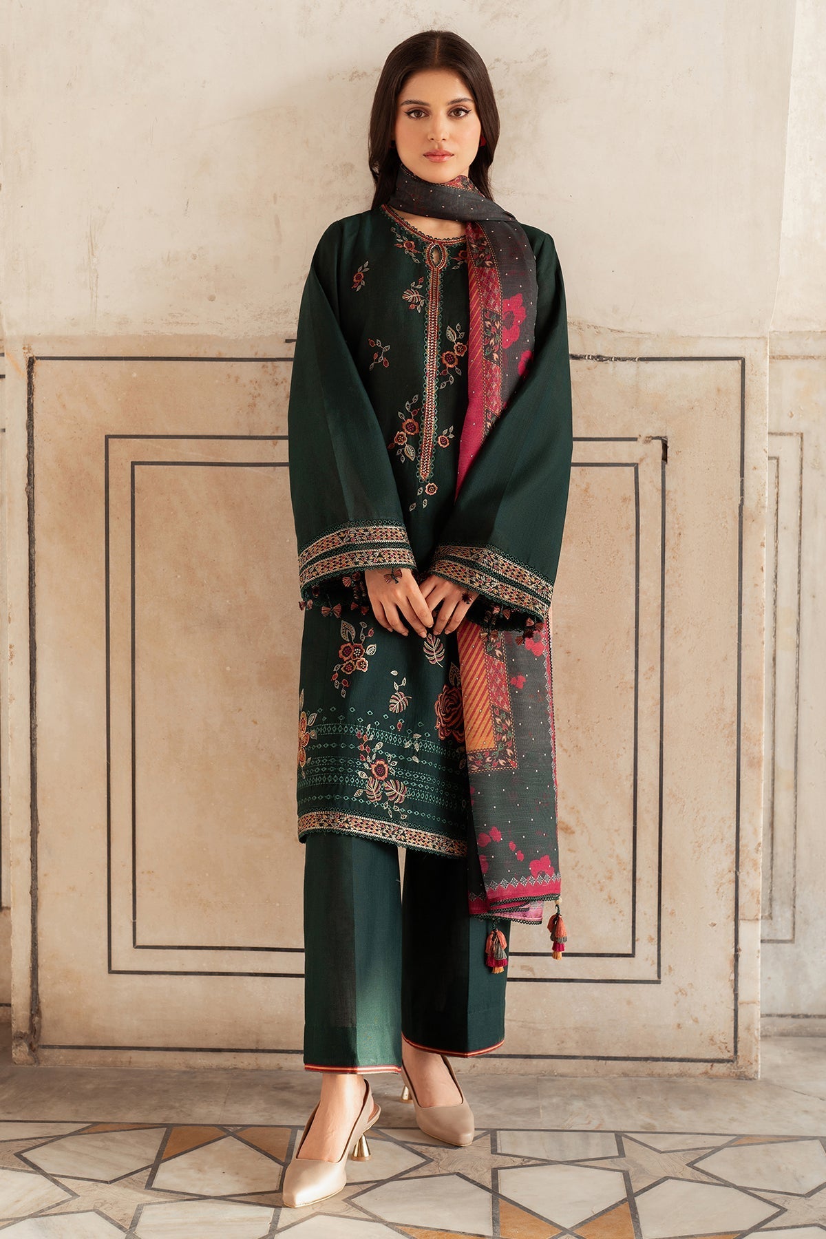 JAZMIN-3PC Dhanak Embroidered Shirt With Digital Printed Shawl-133