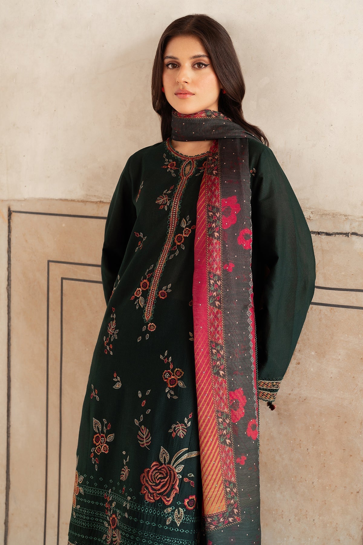 JAZMIN-3PC Dhanak Embroidered Shirt With Digital Printed Shawl-133